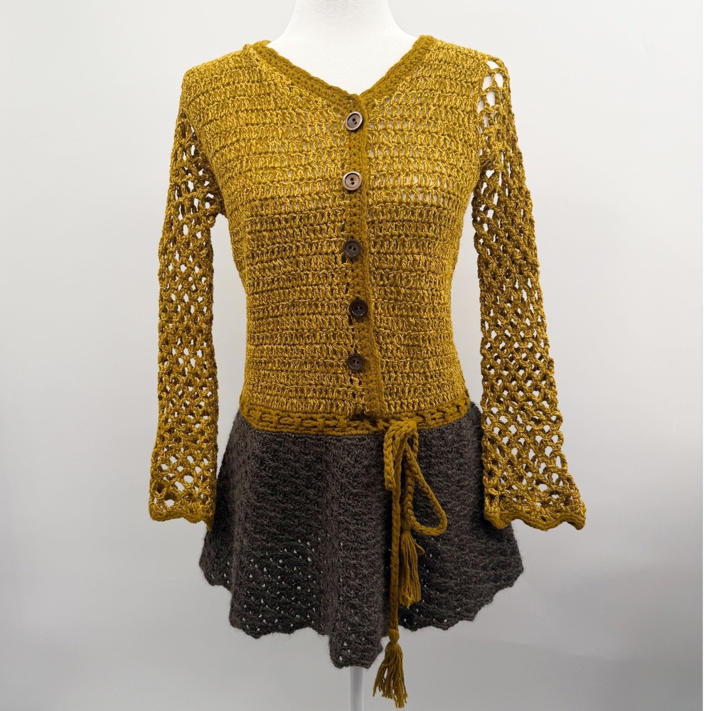 Vintage Handmade Twee Chunky Knit Tunic Top in‎ Mustard Yellow Gray Size Small